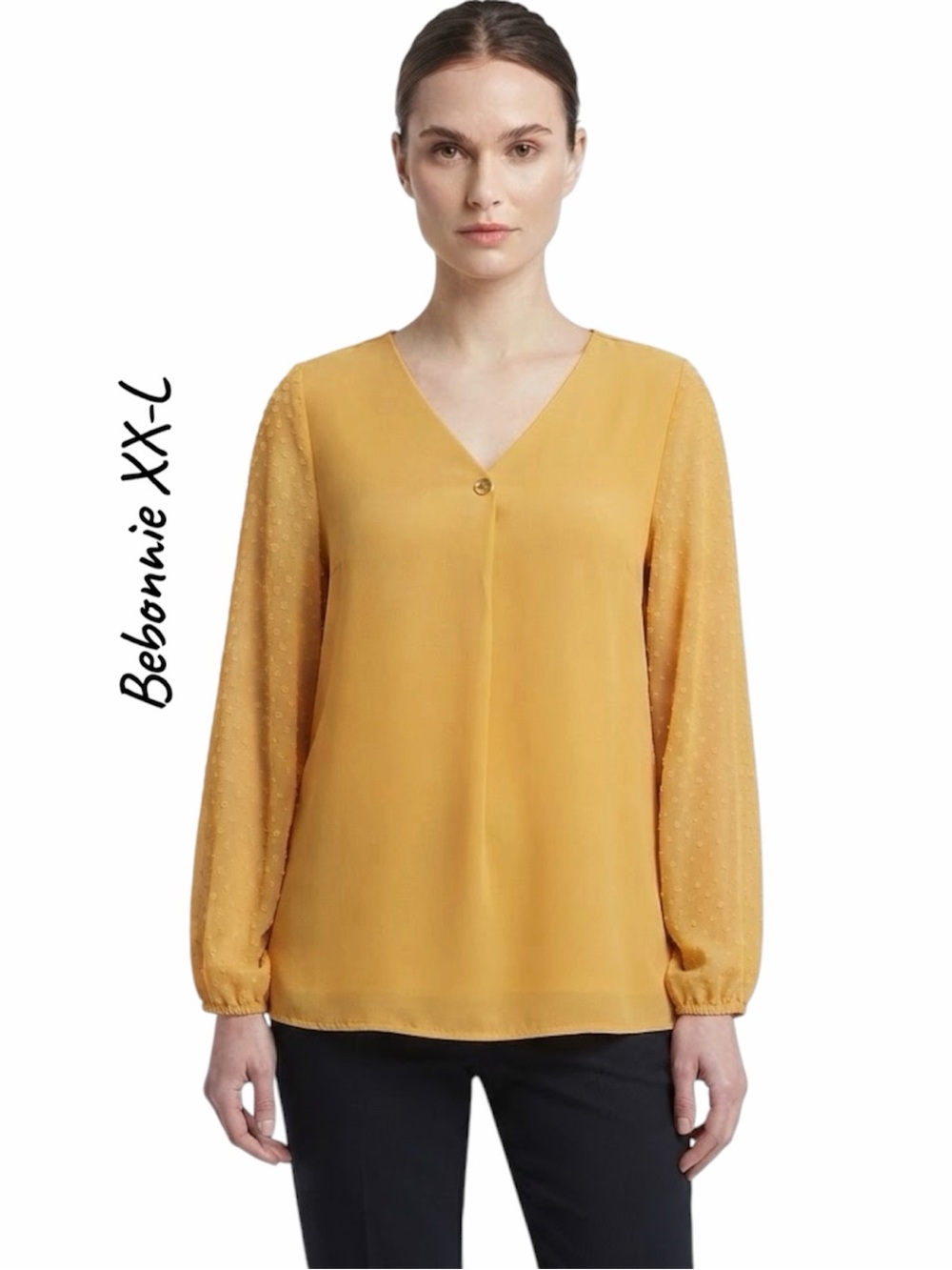 Bebonnie Mustard Yellow Blouse XXL Swiss
Dot Balloon Sleeve V Neck Work Top